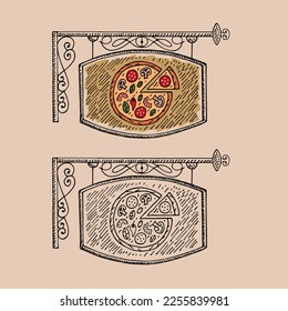Elemento de diseño del menú del restaurante. Pizza y pizzería. Esbozo decorativo ilustrado a mano con ilustraciones vectoriales.
