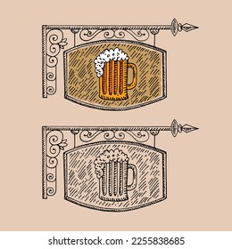 Elemento de diseño del menú del restaurante. Pub o bar, taza de cerveza. Esbozo decorativo ilustrado a mano con ilustraciones vectoriales.