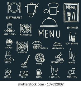 Restaurant menu design elements with chalk drawn food and drink icons on blackboard