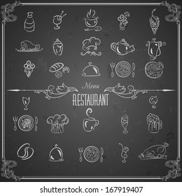 Restaurant Menu Design Elements With Chalk Drawn Food And Drink Icons On Blackboard