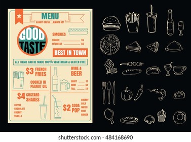 Restaurant menu design elements with chalk drawn food and drink icons line on blackboard vector format eps10