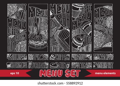 Restaurant menu design elements. Menu set. Hand drawn food and drink icons on blackboard. Vector illustration. Menu cafe.