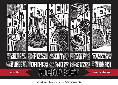 Restaurant menu design elements. Menu set. Hand drawn food and drink icons on blackboard. Vector illustration. 