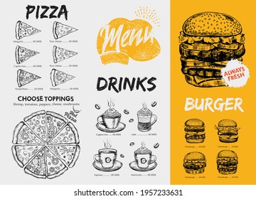 Restaurant menu design. Food flyer. Hand-drawn style. Vector illustration.