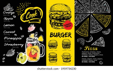 Restaurant menu design. Food flyer. Hand-drawn style. Vector illustration.	
