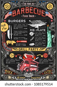 Menú de restaurante, diseño para el afiche de la camioneta de comida. Imagen de Bbq food restaurant para página web, infografías, imágenes de menú. Ilustración vectorial plana aislada en fondo genérico.