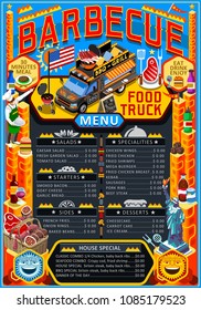 Restaurant menu, design for food truck hipster poster. Barbecue food restaurant graphic for web page, infographics, menu images. Flat vector illustration isolated on generic background.