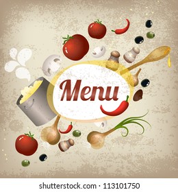 Restaurant menu design: fresh vegetables and spices on retro background