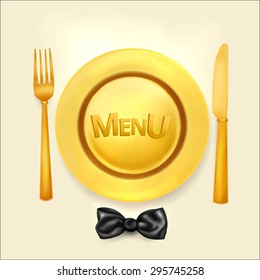 restaurant menu design with golden plate, fork and knife. Vector eps 10