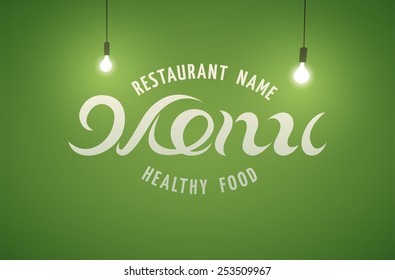 Restaurant menu design. Green background with light bulbs. Vector illustration.