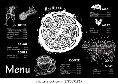 Restaurant menu design. Hand drawn illustrations.	