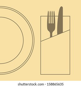 Restaurant menu design with knife, fork, plate and napkin