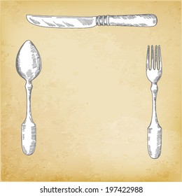 Restaurant menu design, knife, spoon, fork, Vector illustration.