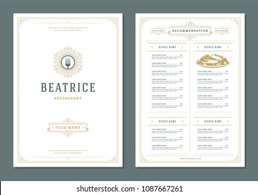 Restaurant menu design and label vector brochure template. Fork illustration and ornament decoration.