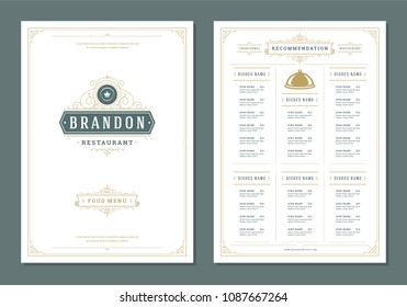 Restaurant menu design and label vector brochure template. Plate illustration and ornament decoration.