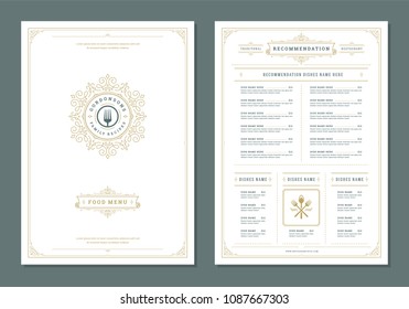 Restaurant menu design and label vector brochure template. Fork illustration and ornament decoration.