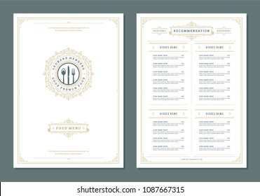 Restaurant menu design and label vector brochure template. Kitchen tools illustrations and ornament decoration.