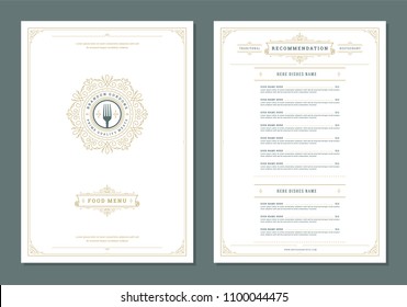 Restaurant menu design and label vector brochure template. Fork illustration and ornament decoration.