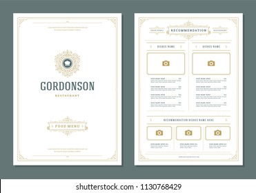 Restaurant menu design and label vector brochure template. Chef hat illustration and ornament decoration.