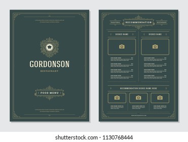 Restaurant menu design and label vector brochure template. Chef hat illustration and ornament decoration.