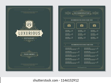 Restaurant menu design and label vector brochure template. Chef face illustration and ornament decoration.