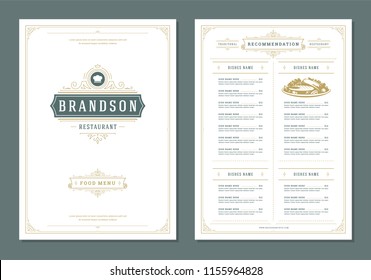 Restaurant menu design and label vector brochure template. Chef hat illustration and ornament decoration.