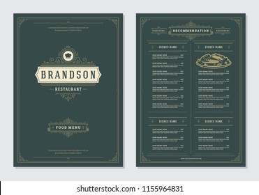 Restaurant Menu Design And Label Vector Brochure Template. Chef Hat Illustration And Ornament Decoration.