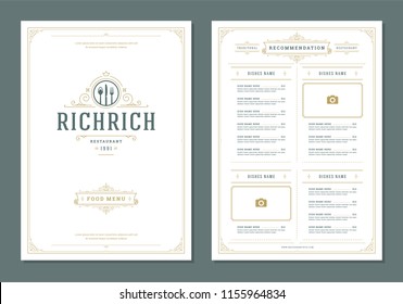 Restaurant menu design and label vector brochure template. Kitchen tools illustrations and ornament decoration.