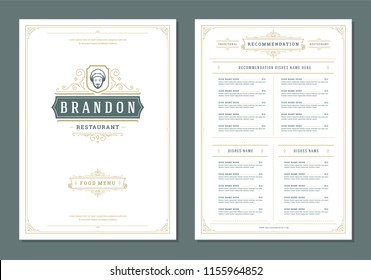 Restaurant menu design and label vector brochure template. Chef face illustration and ornament decoration.