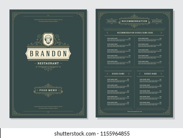 Restaurant menu design and label vector brochure template. Chef face illustration and ornament decoration.