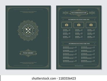 Restaurant menu design and label vector brochure template. Kitchen tools illustrations and ornament decoration.