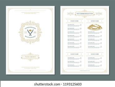 Restaurant menu design and label vector brochure template. Knifes illustrations and ornament decoration.