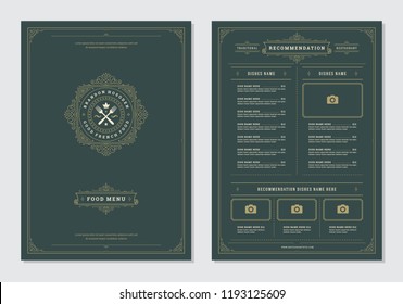Restaurant menu design and label vector brochure template. Forks illustrations and ornament decoration.