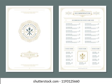 Restaurant menu design and label vector brochure template. Kitchen tools illustrations and ornament decoration.