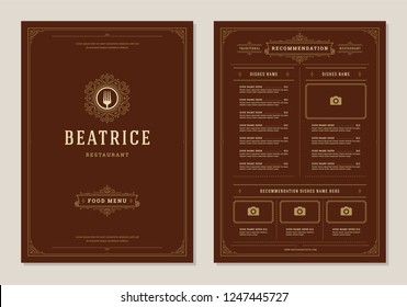 Restaurant menu design and label vector brochure template. Fork illustration and ornament decoration.