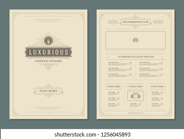 Restaurant menu design and label vector brochure template. Fork illustration and ornament decoration.