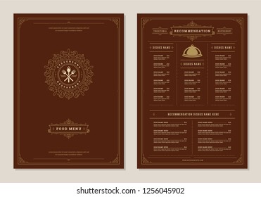 Restaurant menu design and label vector brochure template. Kitchen tools illustrations and ornament decoration.