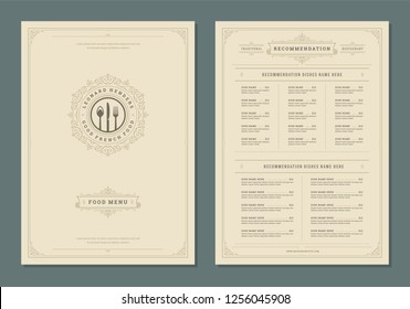 Restaurant menu design and label vector brochure template. Kitchen tools illustrations and ornament decoration.