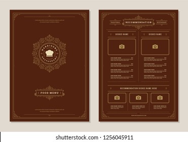 Restaurant menu design and label vector brochure template. Chef hat illustration and ornament decoration.