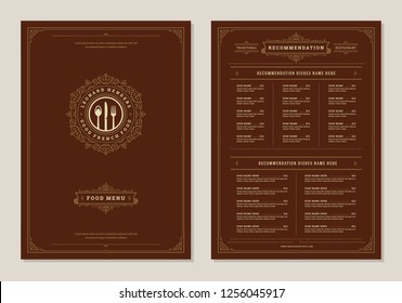 Diseño de menú de restaurante y plantilla de folleto de vectores de etiquetas. Ilustraciones de las herramientas de cocina y decoración decorativa.
