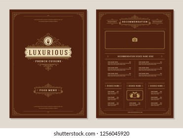 Restaurant menu design and label vector brochure template. Fork illustration and ornament decoration.