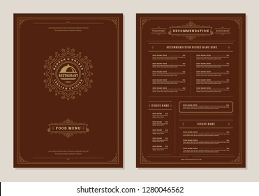 Restaurant menu design and label vector brochure template. Tray illustration and ornament decoration.