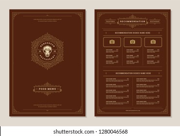 Restaurant menu design and label vector brochure template. Chef woman head illustration and ornament decoration.