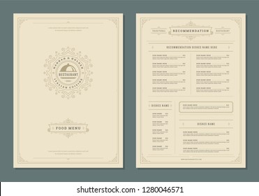 Restaurant menu design and label vector brochure template. Tray illustration and ornament decoration.