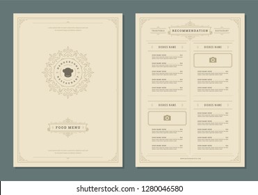 Restaurant Menu Design And Label Vector Brochure Template. Chef Hat Illustration And Ornament Decoration.