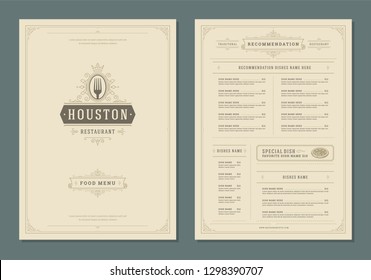 Restaurant menu design and label vector brochure template. Fork illustration and ornament decoration.