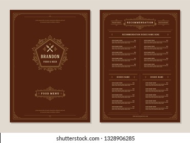 Restaurant menu design and label vector brochure template. Fork illustration and ornament decoration.