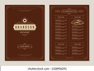 Restaurant menu design and label vector brochure template. Chef hat illustration and ornament decoration.