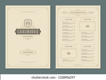 Restaurant menu design and label vector brochure template. Chef man face illustration and ornament decoration.