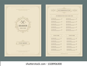 Restaurant menu design and label vector brochure template. Fork illustration and ornament decoration.